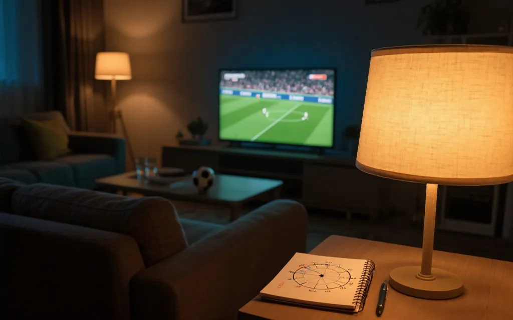 客厅深夜观赛场景，电视直播足球比赛，桌上有日程本与时区换算